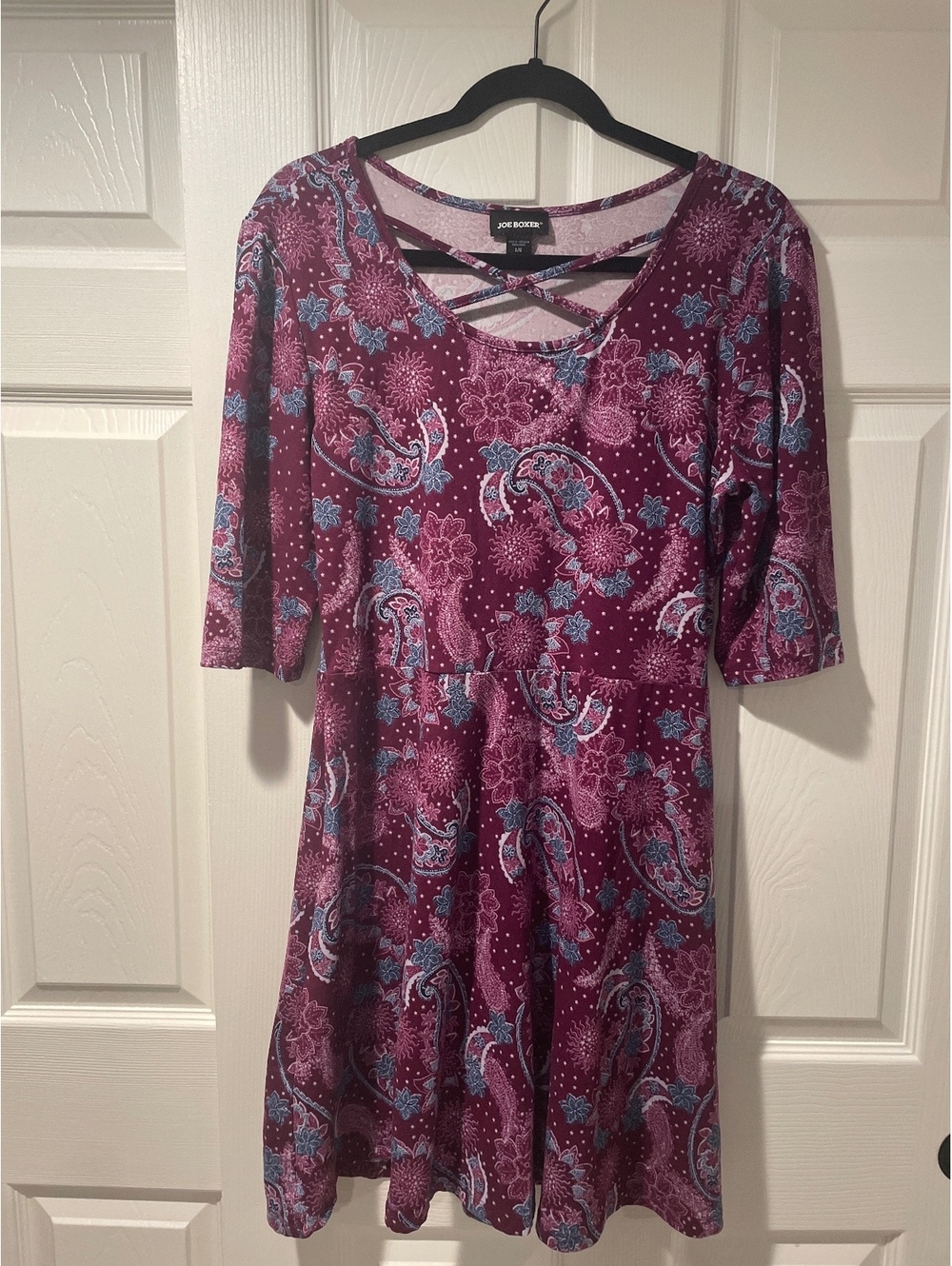 Joe Boxer Dress Womens L Burgundy Paisley Floral Criss Cross Neck 3/4 Sleeve